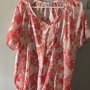Kim Rogers Coral-Print Tie-Front Peasant Top